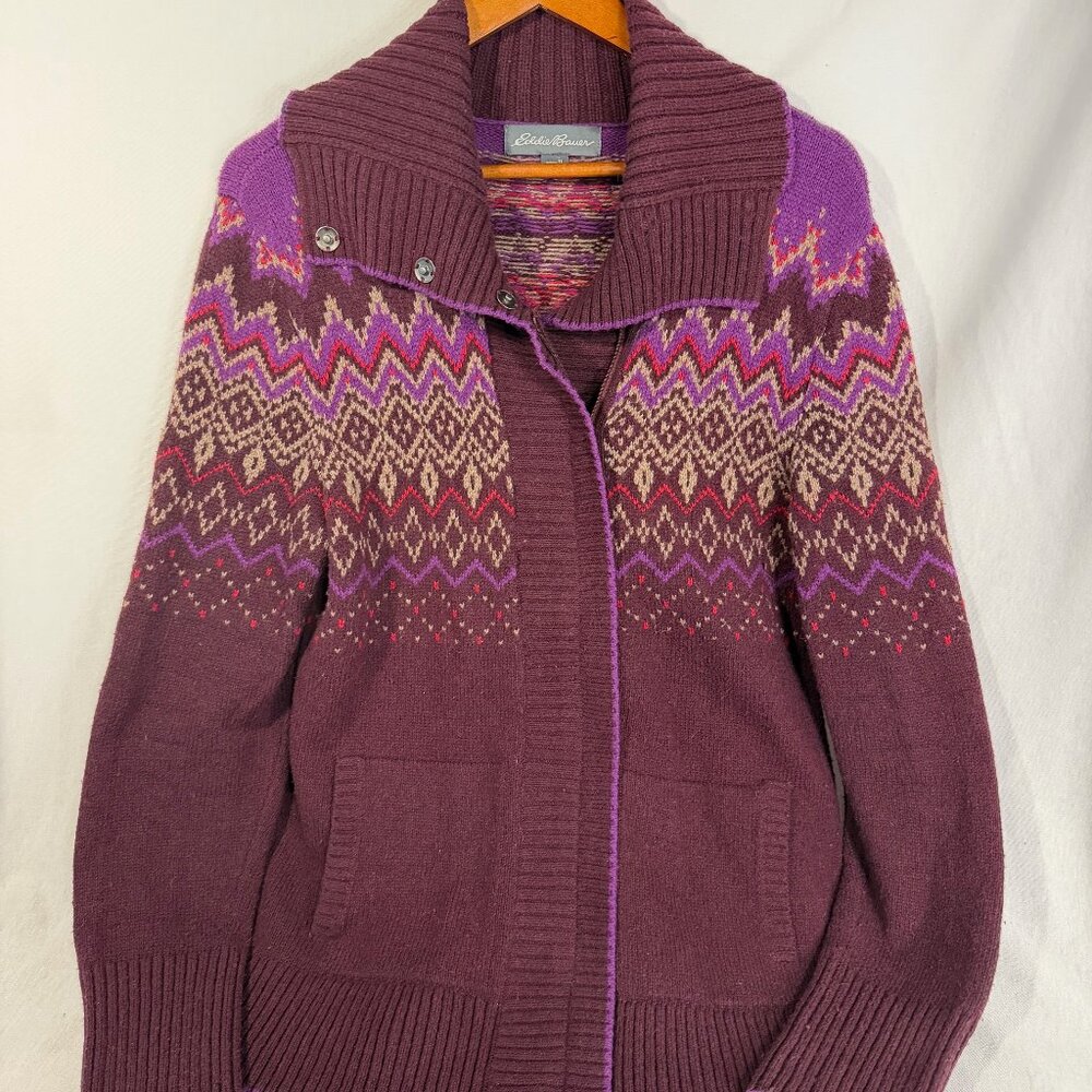Fair isle Eddie Bauer Women’s Tall Large Zip Up Sweater Button Snap Collar - Picture 1 of 11